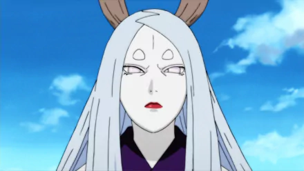 HD desktop wallpaper featuring Kaguya Ōtsutsuki from the Naruto anime series. The character is shown with white hair, a third eye on her forehead, and a serene expression against a bright blue sky background.