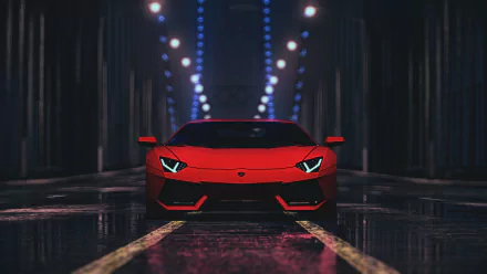 A striking red Lamborghini Aventador LP 700-4 dominates a rain-slicked street, illuminated by vibrant lights, showcasing its sleek design from Need For Speed (2015).