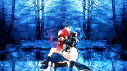 Jellal Fernandes and Erza Scarlet from the anime Fairy Tail share a tender moment amid a magical blue forest, creating a captivating HD desktop wallpaper.