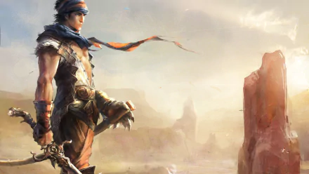 A majestic HD wallpaper featuring the iconic Prince from Prince Of Persia, standing confidently in a vast landscape, ready for adventure against a stunning backdrop.