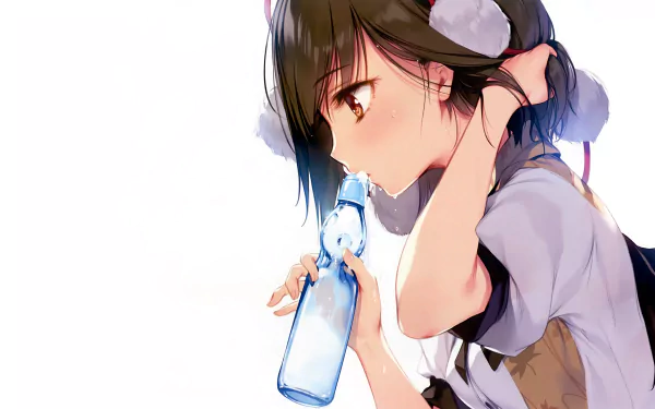 HD anime desktop wallpaper featuring Aya Shameimaru from Touhou, drinking from a bottle with a serene expression against a clean white background.