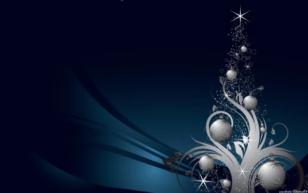 A sleek silver Christmas tree adorned with ornaments and sparkling elements, set against a deep blue background, creating a festive holiday atmosphere. Ideal as a desktop wallpaper.