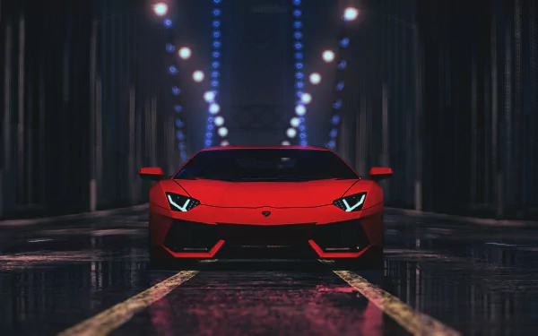 A striking red Lamborghini Aventador LP 700-4 dominates a rain-slicked street, illuminated by vibrant lights, showcasing its sleek design from Need For Speed (2015).