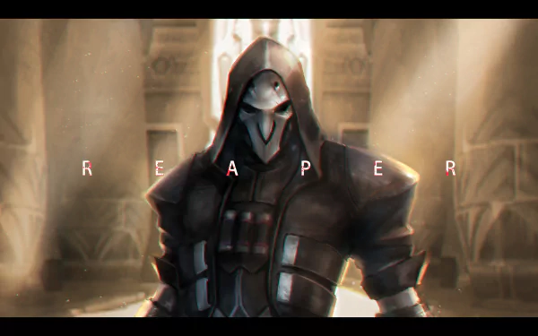 High-definition wallpaper featuring Reaper from Overwatch, showcasing his iconic dark attire and menacing presence in a dramatic, illuminated setting.