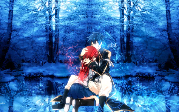 Jellal Fernandes and Erza Scarlet from the anime Fairy Tail share a tender moment amid a magical blue forest, creating a captivating HD desktop wallpaper.
