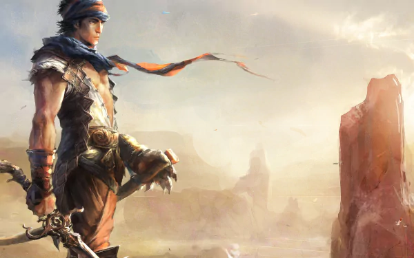 A majestic HD wallpaper featuring the iconic Prince from Prince Of Persia, standing confidently in a vast landscape, ready for adventure against a stunning backdrop.