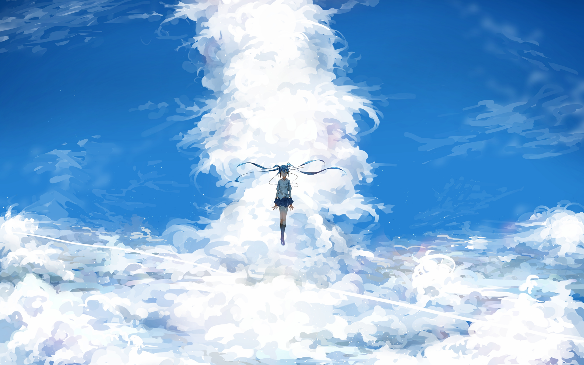 HD anime desktop wallpaper featuring Hatsune Miku from Vocaloid ascending through a vibrant blue sky filled with dynamic, swirling white clouds.