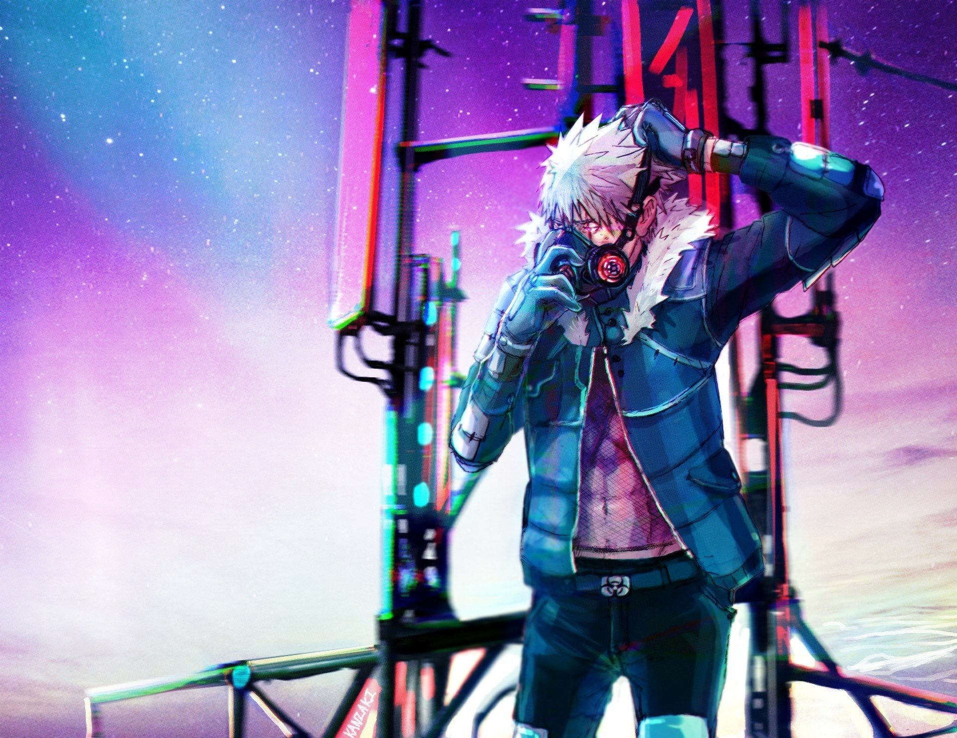 HD PC desktop wallpaper featuring Kakashi Hatake from the anime Naruto, depicted with vibrant neon colors and a futuristic background.