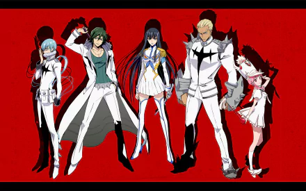 HD PC desktop wallpaper featuring Uzu Sanageyama, Satsuki Kiryūin, Nonon Jakuzure, Houka Inumuta, and Ira Gamagoori from the anime Kill La Kill against a red background.