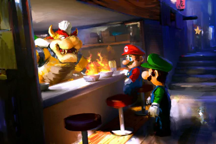 A vibrant HD desktop wallpaper featuring Bowser serving food to Mario and Luigi in a bustling restaurant setting inspired by the Super Mario Bros. video game series.
