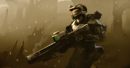 A formidable warrior in sleek armor holds a futuristic weapon, set against a dramatic backdrop, embodying the essence of the Halo video game universe in stunning detail.