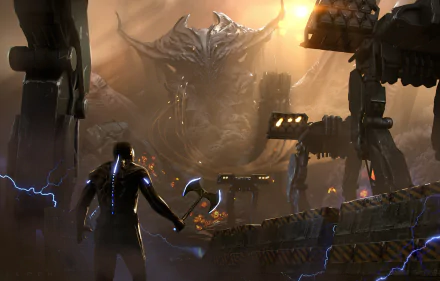 A warrior with an axe stands bravely against a colossal demon in a sci-fi battle, surrounded by robotic structures and dramatic lighting, creating a captivating HD wallpaper backdrop.