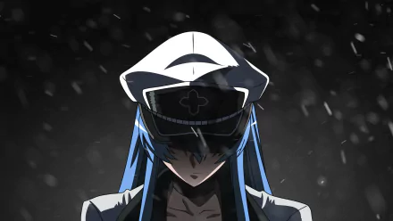 HD desktop wallpaper featuring Esdeath from Akame Ga Kill! in her military uniform, set against a dark, snowy background.