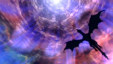 HD desktop wallpaper depicting Alduin the World-Eater, the dragon from The Elder Scrolls V: Skyrim, soaring against a dark, cosmic sky in a dramatic video game scene.