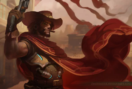 HD desktop wallpaper of McCree, a character from the video game Overwatch, featuring him in a dynamic pose with a cigar and revolver against a Western-themed background.