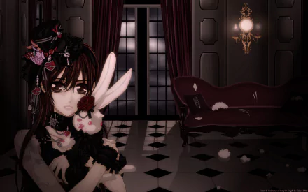 Gothic anime HD wallpaper featuring a dark-haired girl in Victorian attire holding a white stuffed bunny, set in an elegant, dimly lit room from Vampire Knight.