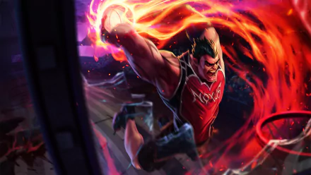 Darius from League of Legends dominates the court in this dynamic HD wallpaper, showcasing a powerful basketball scene with fiery energy and action.