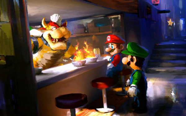 A vibrant HD desktop wallpaper featuring Bowser serving food to Mario and Luigi in a bustling restaurant setting inspired by the Super Mario Bros. video game series.