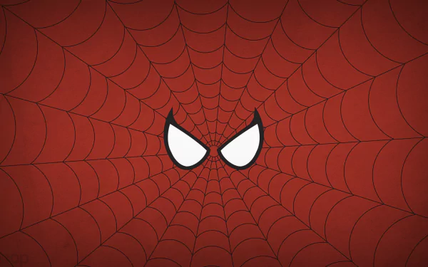 Minimalist comic-style Spider-Man wallpaper featuring his iconic white eyes against a red background with an intricate black web design in HD quality.