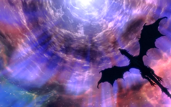 HD desktop wallpaper depicting Alduin the World-Eater, the dragon from The Elder Scrolls V: Skyrim, soaring against a dark, cosmic sky in a dramatic video game scene.