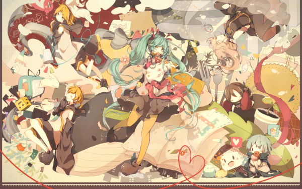 Colorful HD wallpaper featuring Vocaloid characters Kaito, Len Kagamine, Rin Kagamine, Meiko, Luka Megurine, and Hatsune Miku in a vibrant, playful scene.