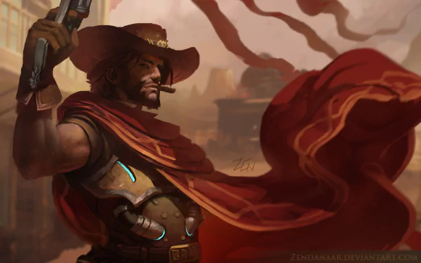 HD desktop wallpaper of McCree, a character from the video game Overwatch, featuring him in a dynamic pose with a cigar and revolver against a Western-themed background.