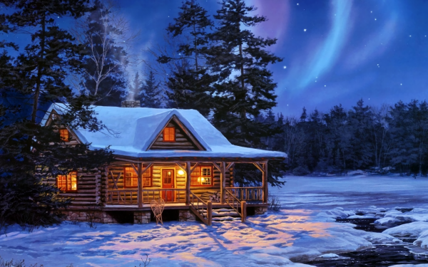 Artistic Winter Cabin Snow Sky Light Tree HD Wallpaper | Background Image