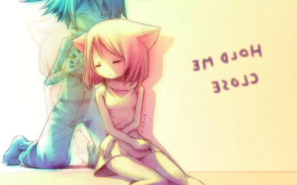 HD desktop wallpaper featuring an anime character with animal ears, sitting with eyes closed and embraced from behind. The text HOLD ME CLOSE is displayed to the right.
