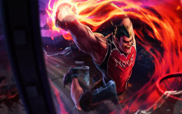 Darius from League of Legends dominates the court in this dynamic HD wallpaper, showcasing a powerful basketball scene with fiery energy and action.