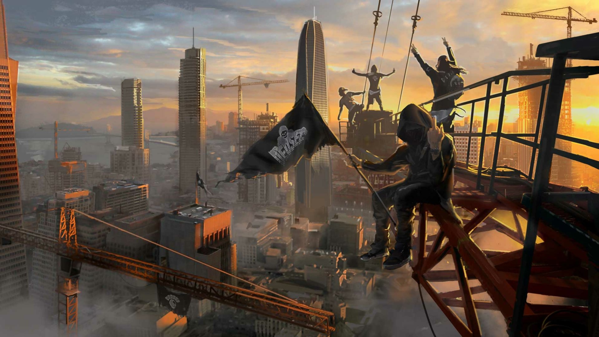 HD wallpaper and background featuring a scene from the video game Watch Dogs 2, showing a group of characters on a construction crane overlooking a city skyline at sunset.