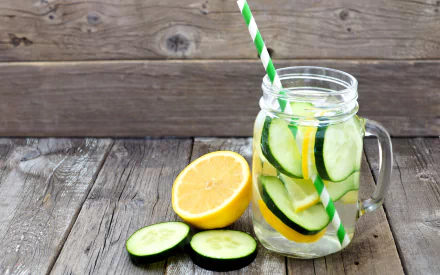 A mason jar filled with cucumber and lemon water, featuring a green striped straw, set on a rustic wooden surface. 4K Ultra HD desktop wallpaper.