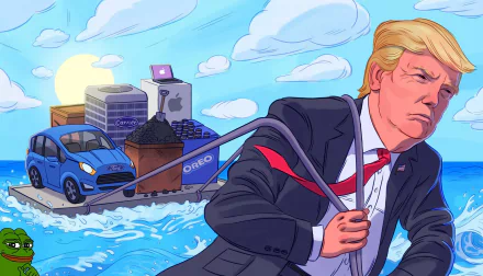 HD desktop wallpaper featuring a caricature of Donald Trump pulling a raft with various items on it across water.