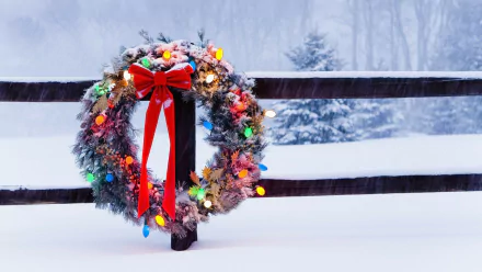 A festive Christmas wreath adorned with colorful lights and a red bow hangs on a snow-covered fence, creating a cozy winter holiday scene.