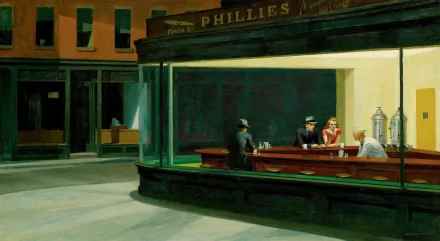 HD wallpaper of Edward Hopper's Nighthawks, depicting late-night diners in a brightly lit restaurant set against a dark, empty street. Artistic and atmospheric scene.