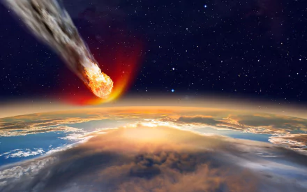 A stunning HD desktop wallpaper depicting a meteorite hurtling towards Earth, set against a breathtaking Sci-Fi space backdrop. The scene captures the drama of celestial events.