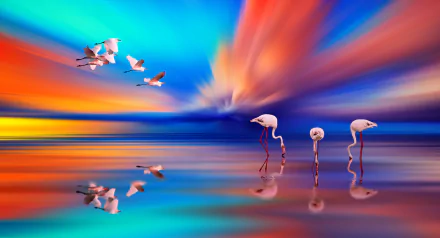 Vibrant HD desktop wallpaper of flamingos at sunset by a lake, with vivid reflections and colorful skies blending blues, oranges, and pinks over calm water.