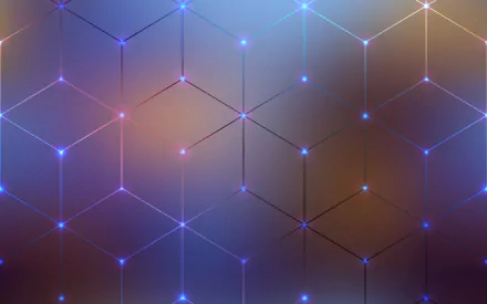 Abstract geometric pattern featuring hexagonal cubes in a gradient of colors, illuminated by vibrant lights. A striking HD wallpaper background for any desktop.