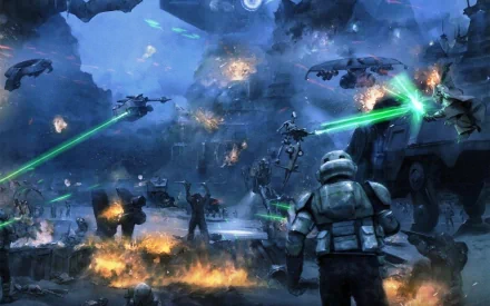 A high-definition Star Wars wallpaper featuring a battle on Kashyyyk from The Clone Wars series. The scene includes Droid Gunships, AT-TE walkers, and intense laser fire amidst a chaotic sci-fi battlefield.