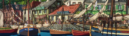 HD PC desktop wallpaper featuring an anime-style harbor scene from Howl's Moving Castle, depicting boats docked and lively buildings in vibrant colors.