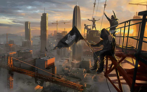 HD wallpaper and background featuring a scene from the video game Watch Dogs 2, showing a group of characters on a construction crane overlooking a city skyline at sunset.