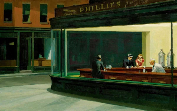 HD wallpaper of Edward Hopper's Nighthawks, depicting late-night diners in a brightly lit restaurant set against a dark, empty street. Artistic and atmospheric scene.