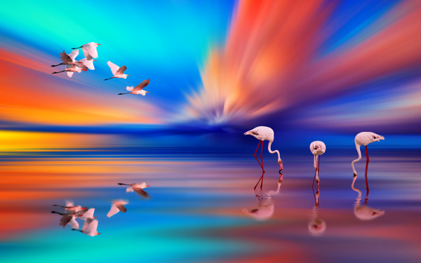 Animal Flamingo Birds Flamingos Bird Reflection Sunset Lake HD Wallpaper | Background Image