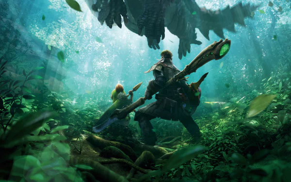 Video game artwork — Monster Hunter 4 Ultimate: hunter and Palico in a sunlit, overgrown jungle aiming a greatsword at a looming wyvern — 2K Quad HD PC desktop wallpaper/background.