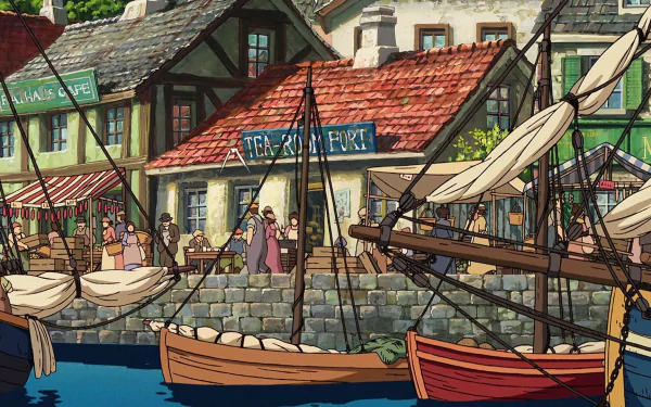 HD PC desktop wallpaper featuring an anime-style harbor scene from Howl's Moving Castle, depicting boats docked and lively buildings in vibrant colors.