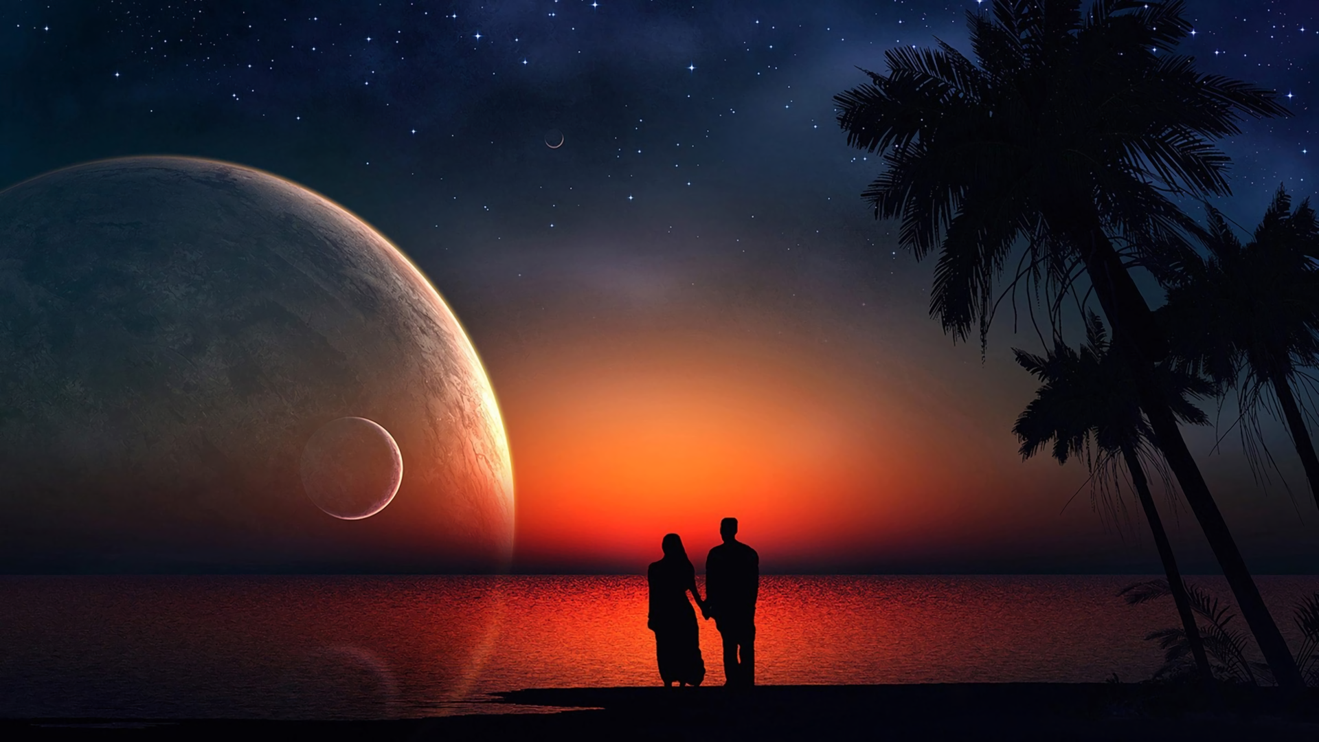 Download Sunset Planet Night Tree Couple Romantic Landscape Artistic Fantasy HD Wallpaper