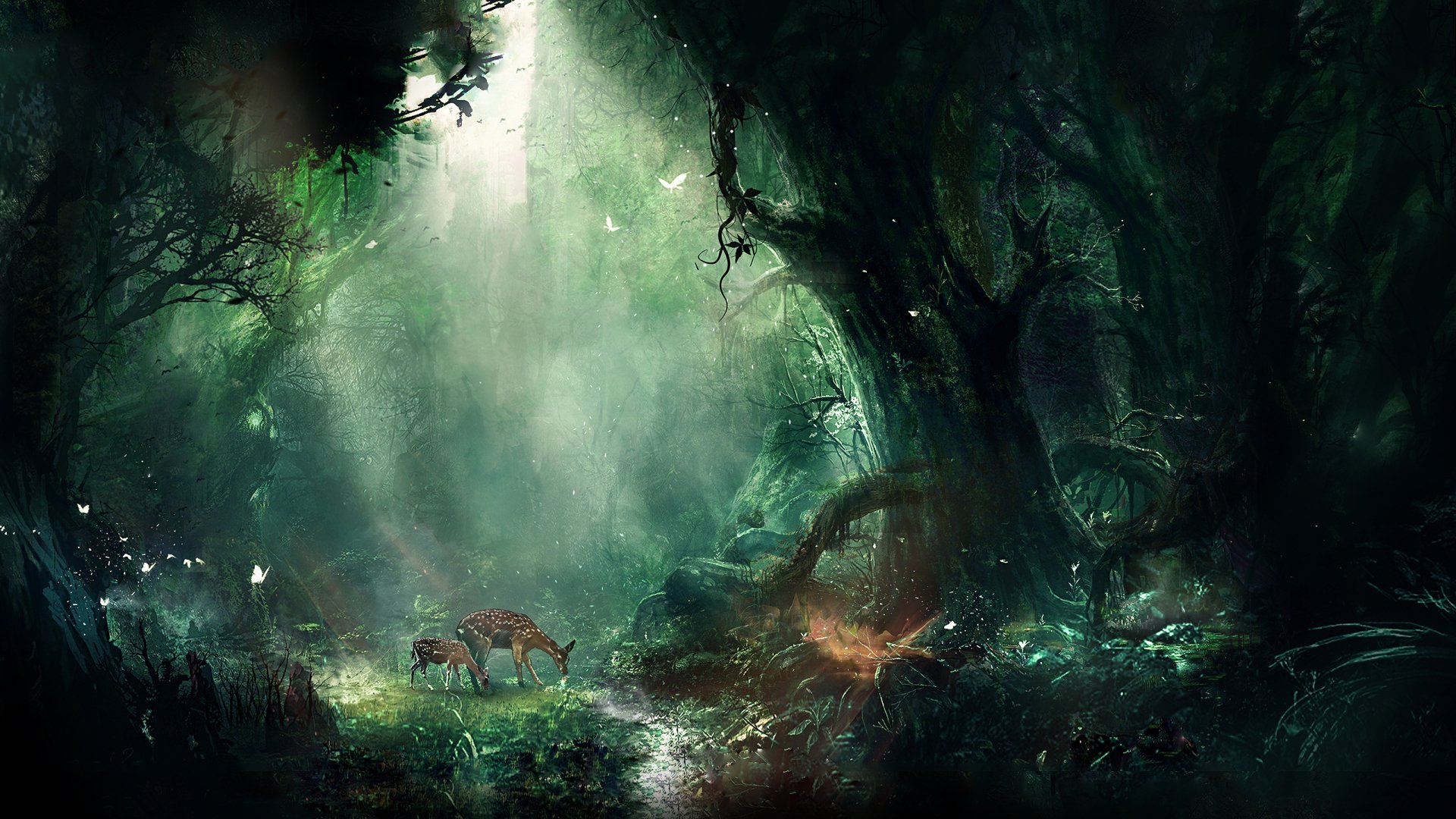 A serene fantasy forest scene featuring a fawn and deer, illuminated by soft light filtering through lush greenery, creates a mystical atmosphere for an HD desktop wallpaper.