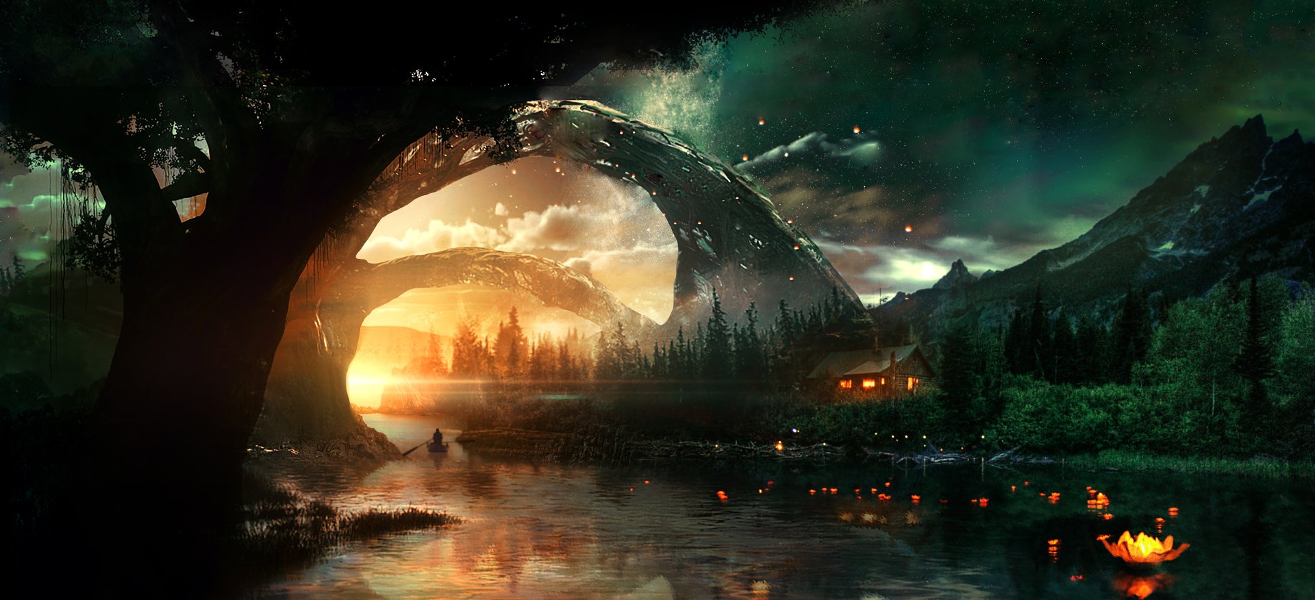 HD desktop wallpaper of a fantasy landscape featuring a serene river, mystical archways, lit cabin, and glowing sunset.