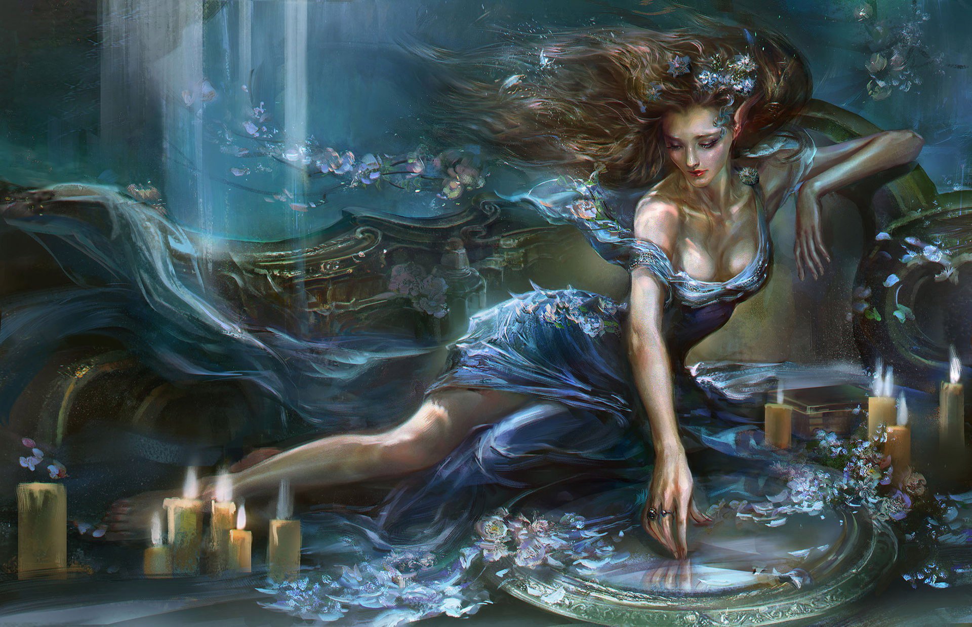 Download Candle Dress Brown Hair Underwater Fantasy Woman HD Wallpaper 