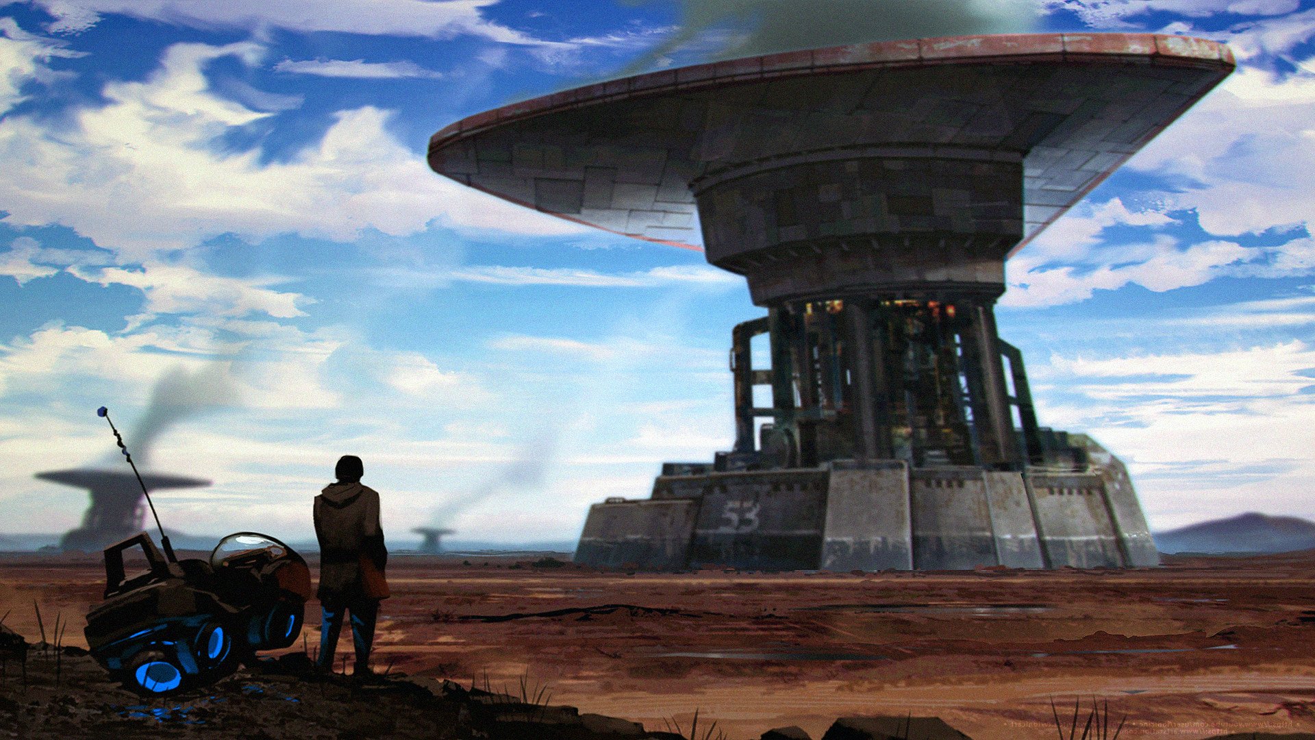 A sci-fi landscape featuring a futuristic vehicle with antenna and a massive, circular building under a partly cloudy sky, designed as an HD PC desktop wallpaper.