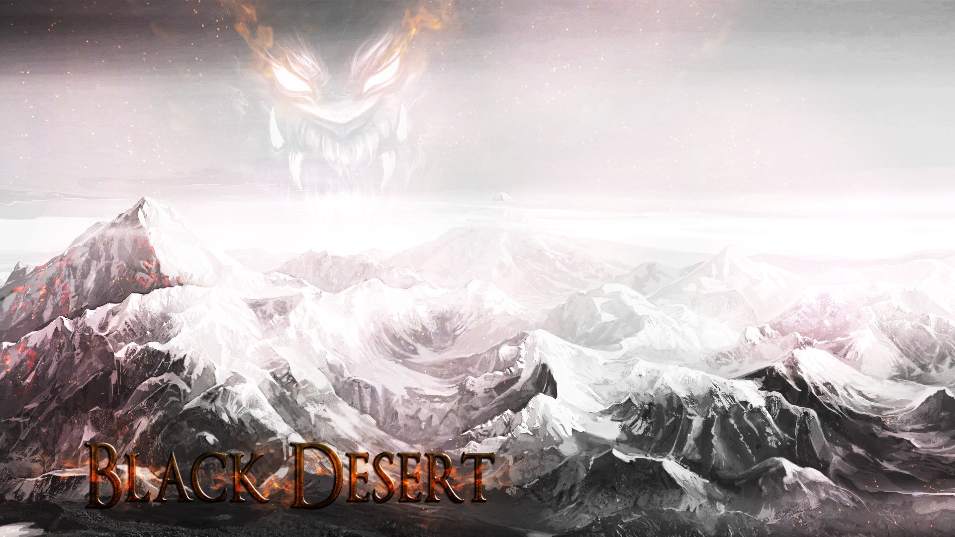 HD PC desktop wallpaper from the video game Black Desert Online featuring a vast, snowy mountain range under a misty sky with a faint, fiery face in the clouds.
